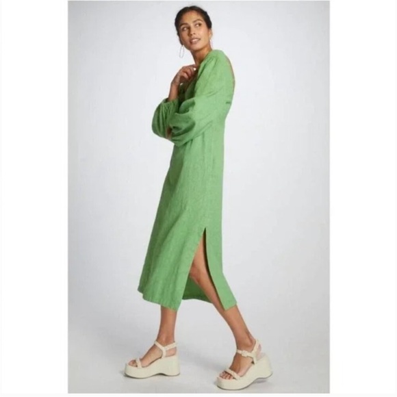 Anthropologie Maeve Low Back Jacquard Green Midi Dress - Picture 3 of 6